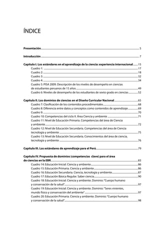 Presentación...............................................................................................................................................................5
Introducción................................................................................................................................................................7
Capítulo I. Los estándares en el aprendizaje de la ciencia: experiencia internacional.........15
	 Cuadro 1: .........................................................................................................................................................17
	 Cuadro 2:..........................................................................................................................................................18
	 Cuadro 3:..........................................................................................................................................................32
	 Cuadro 4:..........................................................................................................................................................34
	 Cuadro 5: PISA 2009. Descripción de los niveles de desempeño en ciencias
	 de estudiantes peruanos de 15 años.....................................................................................................49
	 Cuadro 6: Niveles de desempeño de los estudiantes de sexto grado en ciencias................52
Capítulo II. Los dominios de ciencias en el Diseño Curricular Nacional.......................................65
	 Cuadro 7: Clasificación de los contenidos procedimentales.........................................................68
	 Cuadro 8: Diferencia entre datos y conceptos como contenidos de aprendizaje.................69
	 Cuadro 9:..........................................................................................................................................................70
	 Cuadro 10: Competencias del ciclo II. Área Ciencia y ambiente..................................................71
	 Cuadro 11: Nivel de Educación Primaria. Competencias del área de Ciencia
	 y ambiente.......................................................................................................................................................72
	 Cuadro 12: Nivel de Educación Secundaria. Competencias del área de Ciencia
	 tecnología y ambiente................................................................................................................................75
	 Cuadro 13: Nivel de Educación Secundaria. Conocimientos del área de ciencia,
	 tecnología y ambiente................................................................................................................................76
Capítulo III. Los estándares de aprendizaje para el Perú....................................................................79
Capítulo IV. Propuesta de dominios (competencias clave) para el área
de ciencias en la EBR..............................................................................................................................................83
	 Cuadro 14: Educación Inicial. Ciencia y ambiente.............................................................................86
	 Cuadro 15: Educación Primaria. Ciencia y ambiente........................................................................86
	 Cuadro 16: Educación Secundaria. Ciencia, tecnología y ambiente...........................................87
	 Cuadro 17: Educación Básica Regular. Saber ciencia........................................................................90
	 Cuadro 18: Educación Inicial. Ciencia y ambiente. Dominio:“Cuerpo humano
	 y conservación de la salud”.......................................................................................................................97
	 Cuadro 19: Educación Inicial. Ciencia y ambiente. Dominio:“Seres vivientes,
	 mundo físico y conservación del ambiente”.......................................................................................97
	 Cuadro 20: Educación Primaria. Ciencia y ambiente. Dominio:“Cuerpo humano
	 y conservación de la salud”.......................................................................................................................98
ÍNDICE
 