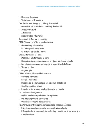 competencias científicas: ¿cómo abordar los estándares de aprendizaje de ciencias?
41
•	 Herencia de rasgos
•	 Variaciones en los rasgos
CV4: Evolución biológica: unidad y diversidad
•	 Evidencias de ascendencia común y diversidad
•	 Selección natural
•	 Adaptación
•	 Biodiversidad y humanos
Ciencias de la Tierra y el espacio:
CTE1: El lugar de la Tierra en el universo
•	 El universo y sus estrellas
•	 La Tierra y el sistema solar
•	 La historia del planeta Tierra
CTE2: Sistemas de la Tierra
•	 Materiales y sistemas de la Tierra
•	 Placas tectónicas e interacciones en sistemas de gran escala
•	 Los roles del agua en procesos de la superficie de la Tierra
•	 Tiempo y clima
•	 Biogeología
CTE3: La Tierra y la actividad humana
•	 Recursos naturales
•	 Peligros naturales
•	 Impacto de los humanos en los sistemas de la Tierra
•	 Cambio climático global
•	 Ingeniería, tecnología y aplicaciones de la ciencia:
ITC1: Diseños de ingeniería
•	 Definir y delimitar problemas de ingeniería
•	 Desarrollar posibles soluciones
•	 Optimizar el diseño de la solución
ITC2: Vínculos entre ingeniería, tecnología, ciencia y sociedad
•	 Interdependencia de ciencia, ingeniería y tecnología
•	 Influencia de la ingeniería, tecnología y ciencia en la sociedad y el
mundo natural
 