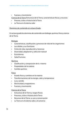 competencias científicas: ¿cómo abordar los estándares de aprendizaje de ciencias?
56
•	 Fuerzas y movimiento
Ciencia de la Tierra Estructura de la Tierra, características físicas y recursos
•	 Proceso, ciclos e historia de la Tierra
•	 La Tierra en el sistema solar
Dominios de contenido en octavo Grado
Enoctavogradolosdominiosdecontenidosonbiología,química,físicayciencia
de la Tierra.
Biología
•	 Características, clasificación y procesos de vida de los organismos
•	 Las células y sus funciones
•	 Ciclos de vida, reproducción y herencia
•	 Diversidad, adaptación y selección natural
•	 Ecosistemas
•	 Salud humana
Química
•	 Clasificación y composición de la  materia
•	 Propiedades de la materia
•	 Cambio químico
Física
•	 Estado físico y cambios en la materia
•	 Transformaciones de la energía, calor y temperatura
•	 Luz y sonido
•	 Electricidad y magnetismo
•	 Fuerzas y movimiento
Ciencia de la Tierra
•	 Estructura de la Tierra y rasgos físicos
•	 Procesos, ciclos e historia de la Tierra
•	 Recursos de la Tierra, su uso y conservación
•	 La Tierra en el sistema solar y el universo
 