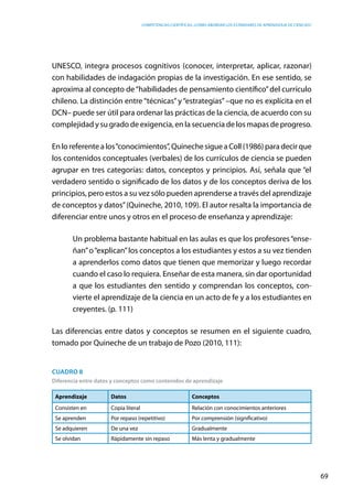 competencias científicas: ¿cómo abordar los estándares de aprendizaje de ciencias?
69
UNESCO, integra procesos cognitivos (conocer, interpretar, aplicar, razonar)
con habilidades de indagación propias de la investigación. En ese sentido, se
aproxima al concepto de“habilidades de pensamiento científico”del currículo
chileno. La distinción entre “técnicas” y “estrategias” –que no es explícita en el
DCN– puede ser útil para ordenar las prácticas de la ciencia, de acuerdo con su
complejidad y su grado de exigencia, en la secuencia de los mapas de progreso.
Enloreferentealos“conocimientos”,QuinechesigueaColl(1986)paradecirque
los contenidos conceptuales (verbales) de los currículos de ciencia se pueden
agrupar en tres categorías: datos, conceptos y principios. Así, señala que “el
verdadero sentido o significado de los datos y de los conceptos deriva de los
principios, pero estos a su vez sólo pueden aprenderse a través del aprendizaje
de conceptos y datos”(Quineche, 2010, 109). El autor resalta la importancia de
diferenciar entre unos y otros en el proceso de enseñanza y aprendizaje:
Un problema bastante habitual en las aulas es que los profesores“ense-
ñan”o“explican”los conceptos a los estudiantes y estos a su vez tienden
a aprenderlos como datos que tienen que memorizar y luego recordar
cuando el caso lo requiera. Enseñar de esta manera, sin dar oportunidad
a que los estudiantes den sentido y comprendan los conceptos, con-
vierte el aprendizaje de la ciencia en un acto de fe y a los estudiantes en
creyentes. (p. 111)
Las diferencias entre datos y conceptos se resumen en el siguiente cuadro,
tomado por Quineche de un trabajo de Pozo (2010, 111):
Cuadro 8
Diferencia entre datos y conceptos como contenidos de aprendizaje
Aprendizaje Datos Conceptos
Consisten en Copia literal Relación con conocimientos anteriores
Se aprenden Por repaso (repetitivo) Por comprensión (significativo)
Se adquieren De una vez Gradualmente
Se olvidan Rápidamente sin repaso Más lenta y gradualmente
 