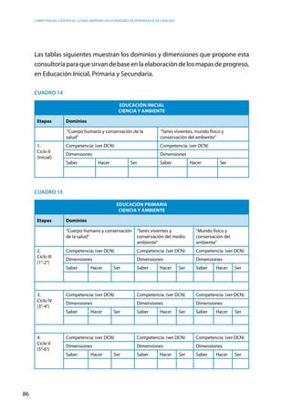 competencias científicas: ¿cómo abordar los estándares de aprendizaje de ciencias?
86
Las tablas siguientes muestran los dominios y dimensiones que propone esta
consultoría para que sirvan de base en la elaboración de los mapas de progreso,
en Educación Inicial, Primaria y Secundaria.
Cuadro 14
Educación Inicial
Ciencia y ambiente
Etapas Dominios
“Cuerpo humano y conservación de la
salud”
“Seres vivientes, mundo físico y
conservación del ambiente”
1.
Ciclo II
(Inicial)
Competencia: (ver DCN) Competencia: (ver DCN)
Dimensiones Dimensiones
Saber Hacer Ser Saber Hacer Ser
Cuadro 15
Educación Primaria
Ciencia y ambiente
Etapas Dominios
“Cuerpo humano y conservación
de la salud”
“Seres vivientes y
conservación del medio
ambiente”
“Mundo físico y
conservación del
ambiente”
2.
Ciclo III
(1°-2°)
Competencia: (ver DCN) Competencia: (ver DCN) Competencia: (ver DCN)
Dimensiones Dimensiones Dimensiones
Saber Hacer Ser Saber Hacer Ser Saber Hacer Ser
3.
Ciclo IV
(3°-4°)
Competencia: (ver DCN) Competencia: (ver DCN) Competencia: (ver DCN)
Dimensiones Dimensiones Dimensiones
Saber Hacer Ser Saber Hacer Ser Saber Hacer Ser
4.
Ciclo V
(5°-6°)
Competencia: (ver DCN) Competencia: (ver DCN) Competencia: (ver DCN)
Dimensiones Dimensiones Dimensiones
Saber Hacer Ser Saber Hacer Ser Saber Hacer Ser
 