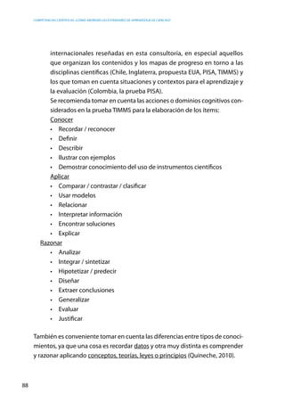 competencias científicas: ¿cómo abordar los estándares de aprendizaje de ciencias?
88
internacionales reseñadas en esta consultoría, en especial aquellos
que organizan los contenidos y los mapas de progreso en torno a las
disciplinas científicas (Chile, Inglaterra, propuesta EUA, PISA, TIMMS) y
los que toman en cuenta situaciones y contextos para el aprendizaje y
la evaluación (Colombia, la prueba PISA).
	 Se recomienda tomar en cuenta las acciones o dominios cognitivos con-
siderados en la prueba TIMMS para la elaboración de los ítems:
	 Conocer
•	 Recordar / reconocer
•	 Definir
•	 Describir
•	 Ilustrar con ejemplos
•	 Demostrar conocimiento del uso de instrumentos científicos
	 Aplicar
•	 Comparar / contrastar / clasificar
•	 Usar modelos
•	 Relacionar
•	 Interpretar información
•	 Encontrar soluciones
•	 Explicar
Razonar
•	 Analizar
•	 Integrar / sintetizar
•	 Hipotetizar / predecir
•	 Diseñar
•	 Extraer conclusiones
•	 Generalizar
•	 Evaluar
•	 Justificar
También es conveniente tomar en cuenta las diferencias entre tipos de conoci-
mientos, ya que una cosa es recordar datos y otra muy distinta es comprender
y razonar aplicando conceptos, teorías, leyes o principios (Quineche, 2010).
 