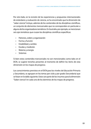 competencias científicas: ¿cómo abordar los estándares de aprendizaje de ciencias?
89
Por otro lado, en la revisión de las experiencias y propuestas internacionales
de estándares y evaluación de ciencia, se ha encontrado que la dimensión de
“saber ciencia”incluye, además de los contenidos de las disciplinas científicas,
un conjunto de elementos transversales que no corresponden en particular a
alguno de los organizadores temáticos. En Australia, por ejemplo, se mencionan
seis ejes temáticos que cruzan las disciplinas científicas específicas:
•	 Patrones, orden y organización
•	 Forma y función
•	 Estabilidad y cambio
•	 Escalas y medición
•	 Materia y energía
•	 Sistemas
Si bien estos contenidos transversales no son mencionados como tales en el
DCN, se sugiere tenerlos presentes al momento de definir los ítems de esta
dimensión en los mapas de progreso.
Los conocimientos previstos en el DCN para los niveles de Educación Primaria
y Secundaria, se agrupan en los temas por ciclo y por grado (Secundaria) que
se listan en la tabla siguiente. Estos son parte de los insumos para la dimensión
“Saber ciencia”en cada uno de los dominios de los mapas de progreso.
 