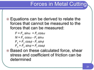Forces in Metal Cutting
 Equations can be derived to relate the
forces that cannot be measured to the
forces that can be measured:
F = Fc sin + Ft cos
N = Fc cos - Ft sin
Fs = Fc cos - Ft sin
Fn = Fc sin + Ft cos
 Based on these calculated force, shear
stress and coefficient of friction can be
determined
31
 