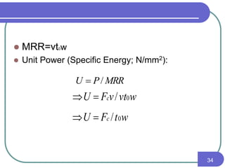  MRR=vt0w
 Unit Power (Specific Energy; N/mm2):
34
MRRPU /
wvtvFU c 0/
wtFU c 0/
 