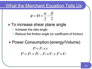 What the Merchant Equation Tells Us
 To increase shear plane angle
 Increase the rake angle
 Reduce the friction angle (or coefficient of friction)
22
45

 
33
vFP c 
 Power Consumption:(energy/Volume)
cssfs VFVFPPP  
 