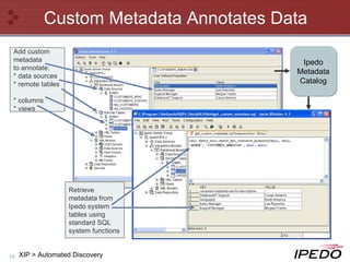Custom Metadata Annotates Data XIP > Automated Discovery Ipedo Metadata Catalog Add custom metadata  to annotate: * data sources  * remote tables  * columns  * views Retrieve metadata from Ipedo system tables using standard SQL system functions 