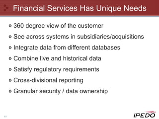 Financial Services Has Unique Needs 360 degree view of the customer See across systems in subsidiaries/acquisitions Integrate data from different databases Combine live and historical data Satisfy regulatory requirements Cross-divisional reporting Granular security / data ownership 