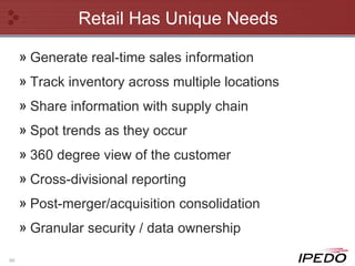 Retail Has Unique Needs Generate real-time sales information Track inventory across multiple locations Share information with supply chain Spot trends as they occur  360 degree view of the customer Cross-divisional reporting Post-merger/acquisition consolidation Granular security / data ownership 