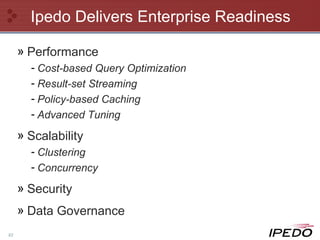 Ipedo Delivers Enterprise Readiness Performance Cost-based Query Optimization Result-set Streaming Policy-based Caching Advanced Tuning Scalability Clustering Concurrency Security Data Governance  
