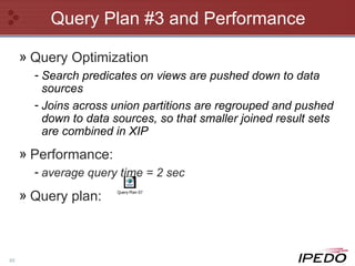 Query Plan #3 and Performance Query Optimization Search predicates on views are pushed down to data sources Joins across union partitions are regrouped and pushed down to data sources, so that smaller joined result sets are combined in XIP Performance: average query time = 2 sec Query plan: 