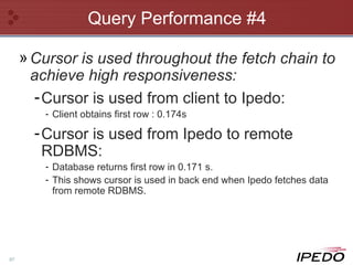 Query Performance #4 Cursor is used throughout the fetch chain to achieve high responsiveness: Cursor is used from client to Ipedo: Client obtains first row : 0.174s Cursor is used from Ipedo to remote RDBMS: Database returns first row in 0.171 s. This shows cursor is used in back end when Ipedo fetches data from remote RDBMS. 