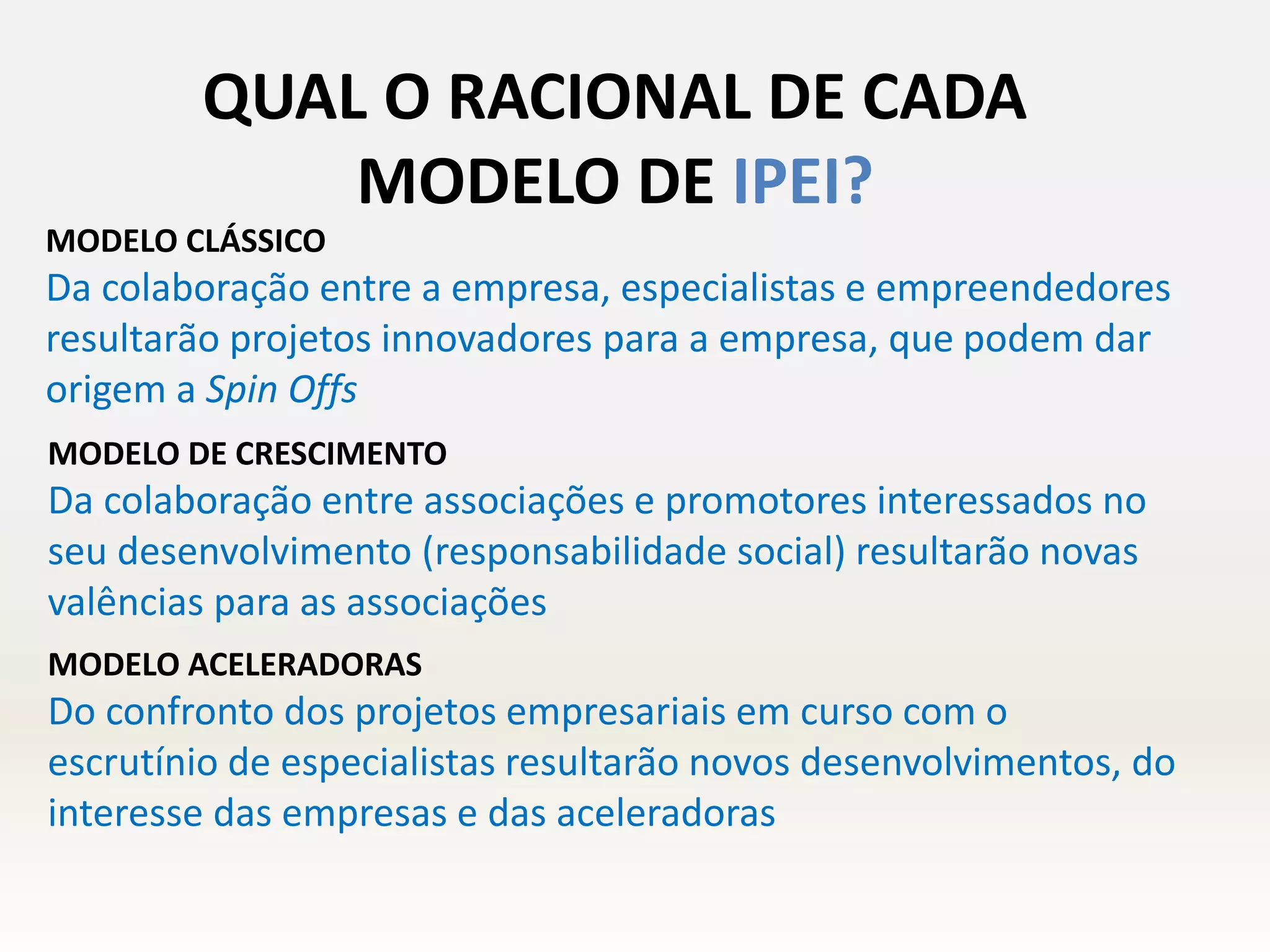 QUAL O RACIONAL DE CADA
MODELO DE IPEI?
MODELO CLÁSSICO
Da colaboração entre a empresa, especialistas e empreendedores
resultarão projetos innovadores para a empresa, que podem dar
origem a Spin Offs
MODELO DE CRESCIMENTO
Da colaboração entre associações e promotores interessados no
seu desenvolvimento (responsabilidade social) resultarão novas
valências para as associações
MODELO ACELERADORAS
Do confronto dos projetos empresariais em curso com o
escrutínio de especialistas resultarão novos desenvolvimentos, do
interesse das empresas e das aceleradoras
 