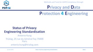 Methods and Tools for GDPR Compliance through
Privacy and Data
Protection 4 Engineering
Status of Privacy
Engineering Standardisation
Antonio Kung
Trialog, 25 rue du Général Foy 75008
Paris
antonio.kung@trialog.com
12 June 2019 Status of privacy engineering standardisation Slide 1
 