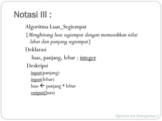 Notasi III :
Algoritma Luas_Segiempat
{Menghitung luas segiempat dengan memasukkan nilai
lebar dan panjang segiempat}
Deklarasi
luas, panjang, lebar : integer
Deskripsi
input(panjang)
input(lebar)
luas  panjang * lebar
output(luas)
Algoritma dan Pemrograman I
 
