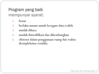 Program yang baik
mempunyai syarat:
1. benar
2. berlaku umum untuk beragam data (valid)
3. mudah dibaca
4. mudah dimodifikasi dan dikembangkan
5. efisiensi dalam penggunaan ruang dan waktu
(kompleksitas rendah)
Algoritma dan Pemrograman I
 
