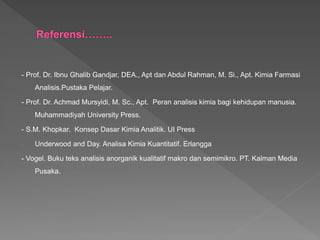 - Prof. Dr. Ibnu Ghalib Gandjar, DEA., Apt dan Abdul Rahman, M. Si., Apt. Kimia Farmasi
Analisis.Pustaka Pelajar.
- Prof. Dr. Achmad Mursyidi, M. Sc., Apt. Peran analisis kimia bagi kehidupan manusia.
Muhammadiyah University Press.
- S.M. Khopkar. Konsep Dasar Kimia Analitik. UI Press
- Underwood and Day. Analisa Kimia Kuantitatif. Erlangga
- Vogel. Buku teks analisis anorganik kualitatif makro dan semimikro. PT. Kalman Media
Pusaka.
 