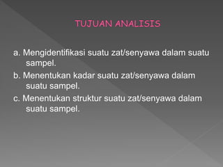 a. Mengidentifikasi suatu zat/senyawa dalam suatu
sampel.
b. Menentukan kadar suatu zat/senyawa dalam
suatu sampel.
c. Menentukan struktur suatu zat/senyawa dalam
suatu sampel.
 
