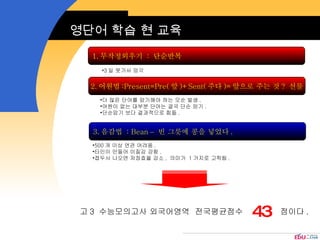 영단어 학습 현 교육 고 3  수능모의고사 외국어영역  전국평균점수  점이다 . 43 1. 무작정외우기  :  단순반복 2. 어원법 :Present=Pre( 앞 )+Sent( 주다 )= 앞으로 주는 것 ?  선물 3. 음감법  : Bean  –   빈 그릇에 콩을 넣었다 . 3 일 못가서 망각 더 많은 단어를 암기해야 하는 모순 발생 . 어원이 없는 대부분 단어는 결국 단순 암기 . 단순암기 보다 결과적으로 힘듦 . 500 개 이상 연관 어려움 . 타인이 만들어 이질감 강함 . 접두사 나오면 저장효율 감소 ,  의미가  1 가지로 고착됨 . 
