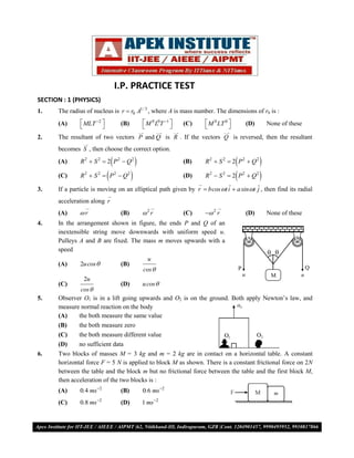 I.P. PRACTICE TEST
SECTION : 1 (PHYSICS)
1.    The radius of nucleus is r  r0 A1 / 3 , where A is mass number. The dimensions of r0 is :
      (A)          2 
                                    (B)            M 0 L0T 1        (C)    M 0 LT 0             (D)       None of these
                MLT                                                                
2.    The resultant of two vectors P and Q is R . If the vectors Q is reversed, then the resultant
      becomes S , then choose the correct option.
      (A)                      
               R2  S 2  2 P2  Q2                                   (B)                 
                                                                             R2  S 2  2 P2  Q2       
      (C)                  
               R2  S 2  P2  Q2                                     (D)   R2  S 2    2 P   2
                                                                                                     Q   2


3.    If a particle is moving on an elliptical path given by r  bcos t ˆ  a sin t ˆ , then find its radial
                                                                         i            j
      acceleration along r
      (A)     r                    (B)           2 r                 (C)    2 r                  (D)       None of these
4.    In the arrangement shown in figure, the ends P and Q of an
      inextensible string move downwards with uniform speed u.
                                                                               A                   B
      Pulleys A and B are fixed. The mass m moves upwards with a
      speed
                                                                                         
                                         u
      (A)      2u cos          (B)
                                       cos                                P                           Q
                                                                             u            M          u
                2u
      (C)                       (D)    u cos 
               cos 
5.    Observer O1 is in a lift going upwards and O2 is on the ground. Both apply Newton’s law, and
      measure normal reaction on the body
      (A)     the both measure the same value
      (B)     the both measure zero
      (C)     the both measure different value
      (D)     no sufficient data
6.    Two blocks of masses M = 3 kg and m = 2 kg are in contact on a horizontal table. A constant
      horizontal force F = 5 N is applied to block M as shown. There is a constant frictional force on 2N
      between the table and the block m but no frictional force between the table and the first block M,
      then acceleration of the two blocks is :
      (A)     0.4 ms 2             (B)           0.6 ms 2
      (C)     0.8 ms 2             (D)           1 ms 2


VMC/ 2010                                                          1                                 I.P. PRACTICE TEST- 2
 