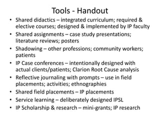 Tools - Handout 
• Shared didactics – integrated curriculum; required & 
elective courses; designed & implemented by IP faculty 
• Shared assignments – case study presentations; 
literature reviews; posters 
• Shadowing – other professions; community workers; 
patients 
• IP Case conferences – intentionally designed with 
actual clients/patients; Clarion Root Cause analysis 
• Reflective journaling with prompts – use in field 
placements; activities; ethnographies 
• Shared field placements – IP placements 
• Service learning – deliberately designed IPSL 
• IP Scholarship & research – mini-grants; IP research 
 