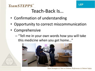Teach-Back Is… 
• Confirmation of understanding 
• Opportunity to correct miscommunication 
• Comprehensive 
– “Tell me in your own words how you will take 
this medicine when you get home…” 
 