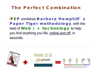 The Perfect Combination i P E P  combines  Barbara Hemphill’s Paper Tiger methodology , with the best of  Web 2.0 technology   to help you find anything you file,  online and off , in seconds. 