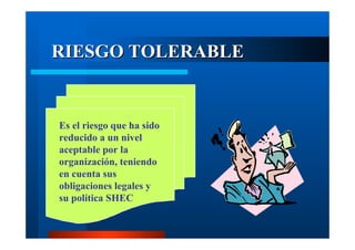 RIESGO TOLERABLE

Es el riesgo que ha sido
reducido a un nivel
aceptable por la
organización, teniendo
en cuenta sus
obligaciones legales y
su política SHEC

 