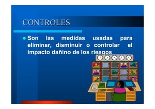 CONTROLES
Son las medidas usadas para
eliminar, disminuir o controlar el
impacto dañino de los riesgos

 