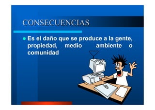CONSECUENCIAS
Es el daño que se produce a la gente,
propiedad, medio
ambiente o
comunidad

 