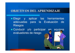 OBJETIVOS DEL APRENDIZAJE
Elegir y aplicar las herramientas
adecuadas para la Evaluación de
Riesgos
Conducir y/o participar en equipos
evaluadores de riesgo

 