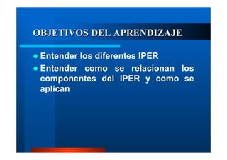 OBJETIVOS DEL APRENDIZAJE
Entender los diferentes IPER
Entender como se relacionan los
componentes del IPER y como se
aplican

 