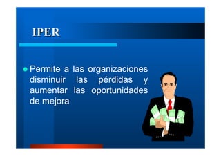IPER
Permite a las organizaciones
disminuir las pérdidas y
aumentar las oportunidades
de mejora

 