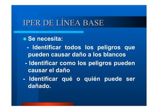 IPER DE LÍNEA BASE
Se necesita:
- Identificar todos los peligros que
pueden causar daño a los blancos
- Identificar como los peligros pueden
causar el daño
- Identificar qué o quién puede ser
dañado.

 