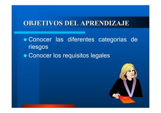 OBJETIVOS DEL APRENDIZAJE
Conocer las diferentes categorias de
riesgos
Conocer los requisitos legales

 
