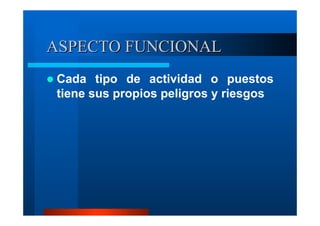 ASPECTO FUNCIONAL
Cada tipo de actividad o puestos
tiene sus propios peligros y riesgos

 