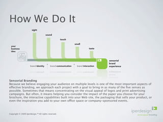 How We Do It




Sensorial Branding
Because we believe engaging your audience on multiple levels is one of the most important aspects of
effective branding, we approach each project with a goal to bring in as many of the ﬁve senses as
possible. Sometimes that means concentrating on the visual appeal of logos and print advertising
campaigns. But often, it means helping you consider the impact of the paper you choose for your
brochure, the interactive capabilities built into your Web site, the packaging that sells your product, or
even the inspiration you add to your own office space or company-sponsored events.



Copyright © 2009 Iperdesign.™ All rights reserved.
 