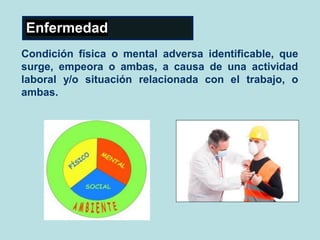 Enfermedad
Condición física o mental adversa identificable, que
surge, empeora o ambas, a causa de una actividad
laboral y/o situación relacionada con el trabajo, o
ambas.
 