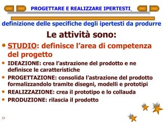 PROGETTARE E REALIZZARE IPERTESTI   definizione delle specifiche degli ipertesti da produrre Le attività sono: STUDIO : definisce l’area di competenza del progetto IDEAZIONE: crea l’astrazione del prodotto e ne definisce le caratteristiche PROGETTAZIONE: consolida l’astrazione del prodotto formalizzandolo tramite disegni, modelli e prototipi REALIZZAZIONE: crea il prototipo e lo collauda PRODUZIONE: rilascia il prodotto 