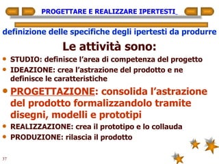 PROGETTARE E REALIZZARE IPERTESTI   definizione delle specifiche degli ipertesti da produrre Le attività sono: STUDIO: definisce l’area di competenza del progetto IDEAZIONE: crea l’astrazione del prodotto e ne definisce le caratteristiche PROGETTAZIONE : consolida l’astrazione del prodotto formalizzandolo tramite disegni, modelli e prototipi REALIZZAZIONE: crea il prototipo e lo collauda PRODUZIONE: rilascia il prodotto 