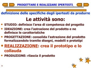 PROGETTARE E REALIZZARE IPERTESTI   definizione delle specifiche degli ipertesti da produrre Le attività sono: STUDIO: definisce l’area di competenza del progetto IDEAZIONE: crea l’astrazione del prodotto e ne definisce le caratteristiche PROGETTAZIONE: consolida l’astrazione del prodotto formalizzandolo tramite disegni, modelli e prototipi REALIZZAZIONE : crea il prototipo e lo collauda PRODUZIONE: rilascia il prodotto 