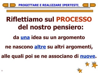 PROGETTARE E REALIZZARE IPERTESTI   Riflettiamo sul  PROCESSO  del nostro pensiero: da  una  idea su un argomento ne nascono  altre  su altri argomenti, alle quali poi se ne associano di  nuove . 