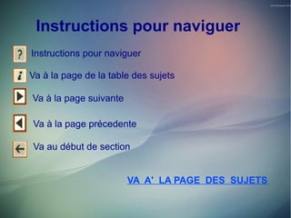 Instructions pour naviguer
Instructions pour naviguer
Va à la page de la table des sujets
Va à la page suivante
Va à la page précedente
Va au début de section
VA A' LA PAGE DES SUJETS
 