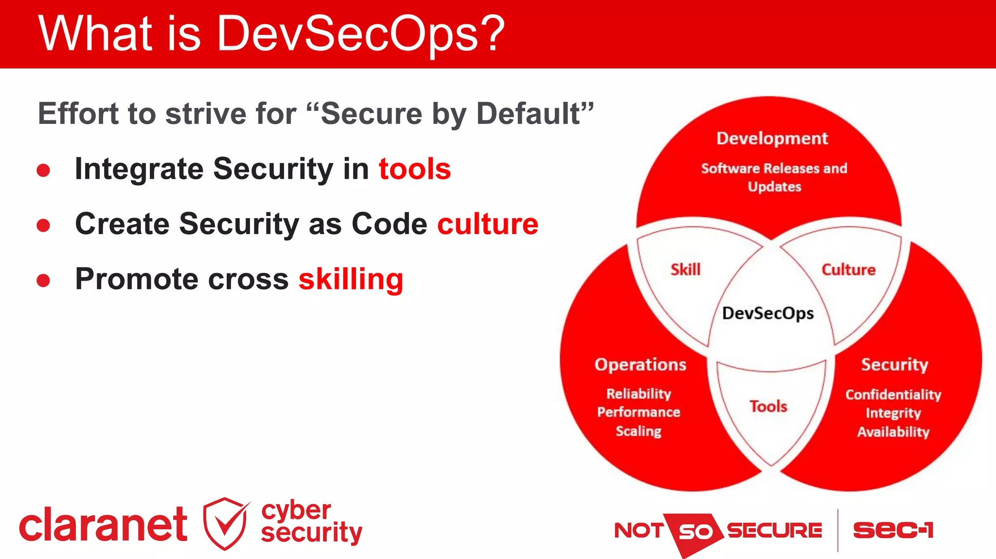 What is DevSecOps?
Effort to strive for “Secure by Default”
● Integrate Security in tools
● Create Security as Code culture
● Promote cross skilling
 