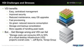 VDI Challenges and Stresses

  VDI benefits
               –       Easy, centralized management
               –       Improved security
               –       Reduced maintenance, easy OS upgrades
               –       Fast provisioning
               –       Go green: reduced resource consumption
               –       Storage and backup consolidation
               –       More capable of handling peak loads
  But… Get Storage wrong and VDI can fail
               – “Storage costs can consume 40% to 50%
                 of a virtual desktop infrastructure (VDI)
                 project's overall costs.” – Jeff Byrne, Taneja Group

© 2012 Nimble Storage. Proprietary and confidential. Do not distribute.
 