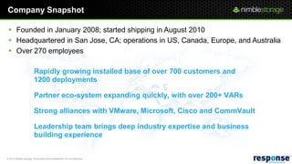 Company Snapshot

  Founded in January 2008; started shipping in August 2010
  Headquartered in San Jose, CA; operations in US, Canada, Europe, and Australia
  Over 270 employees

                         Rapidly growing installed base of over 700 customers and
                         1200 deployments

                         Partner eco-system expanding quickly, with over 200+ VARs

                         Strong alliances with VMware, Microsoft, Cisco and CommVault

                         Leadership team brings deep industry expertise and business
                         building experience


© 2012 Nimble Storage. Proprietary and confidential. Do not distribute.
 