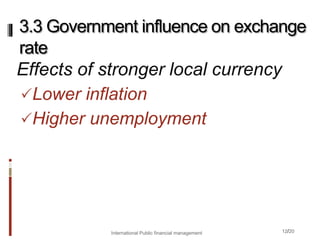 12/20
Effects of stronger local currency
Lower inflation
Higher unemployment
3.3 Government influence on exchange
rate
International Public financial management
 