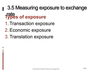 15/20
Types of exposure
1. Transaction exposure
2. Economic exposure
3. Translation exposure
3.5 Measuring exposure to exchange
rate
International Public financial management
 