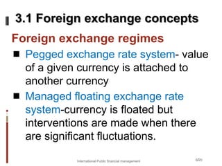 6/20
Foreign exchange regimes
 Pegged exchange rate system- value
of a given currency is attached to
another currency
 Managed floating exchange rate
system-currency is floated but
interventions are made when there
are significant fluctuations.
3.1 Foreign exchange concepts
International Public financial management
 