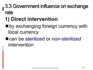 8/20
1) Direct intervention
by exchanging foreign currency with
local currency
can be sterilized or non-sterilized
intervention
3.3 Government influence on exchange
rate
International Public financial management
 